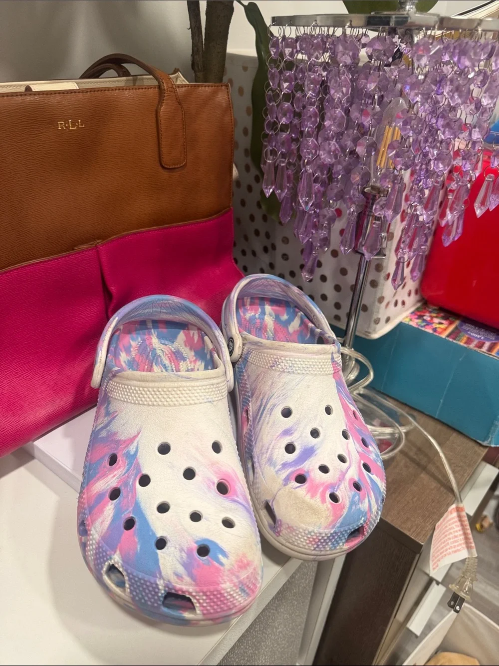 Crocs size J6 Kids Tie-Dye Comfort Clogs - Pink & Blue